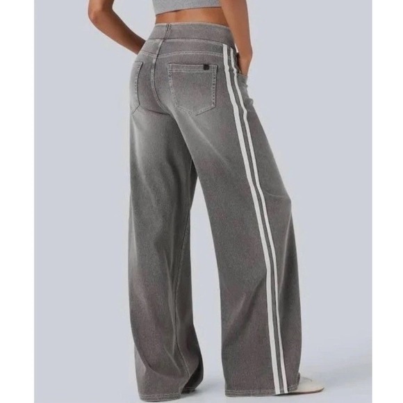Halara XL Tall Wide Leg Jeans Grey White Stripe Denim Pants Athleisure - Picture 2 of 9